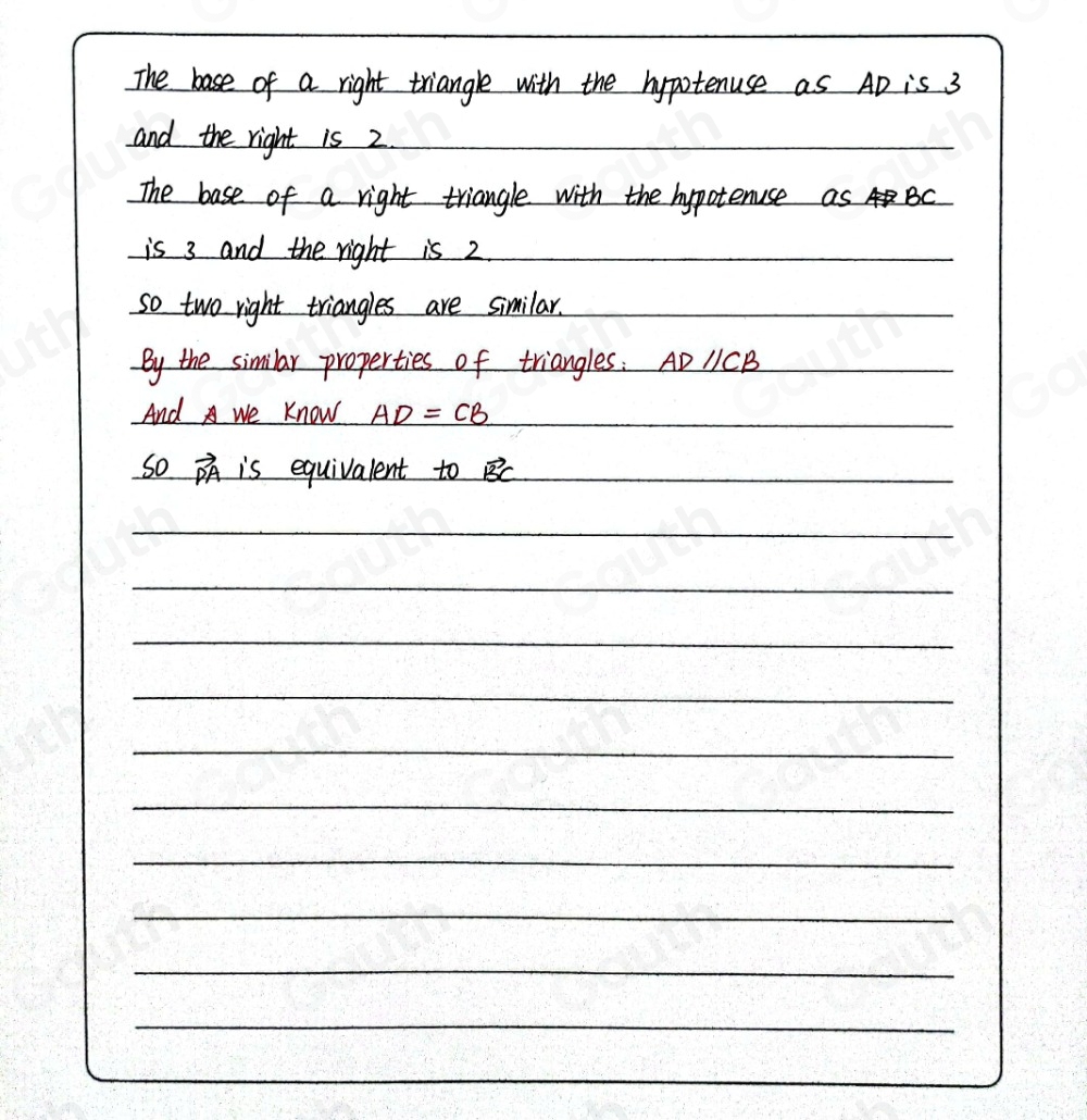 The base of a right triangle with the hypotenuse as AD is 3
and the right is 2
The base of a right triangle with the hypotenuse as BC
is 3 and the right is 2
so two right triangles are similar. 
By the similar properties of triangles. ADparallel CB
And we know AD=CB
so vector PA is equivalent to vector BC
_ 
__ 
_ 
_ 
__ 
_ 
_ 
_ 
_ 
_ 
_ 
_ 
_ 
_ 
_ 
_ 
_ 
_