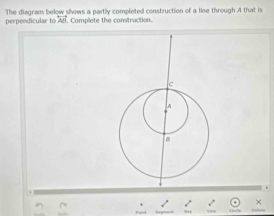 The diagram below shows a partly completed construction of a line through A that is 
perpendicular to overleftrightarrow AB Complete the construction. 
× 
Paint Segment Iay Line Circle Delete