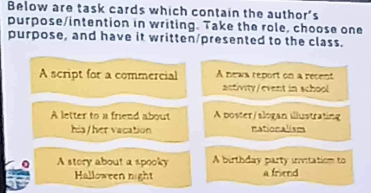 Below are task cards which contain the author's 
purpose/intention in writing. Take the role, choose one 
purpose, and have it written/presented to the class. 
A script for a commercial A news report on a recent 
activity/event in school 
A letter to a friend about A poster/alogan illustrating 
his/her vacation nationalism 
A story about a spooky A birthday party invitation to 
Halloween night a friend