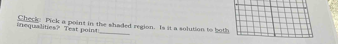 Check: Pick a point in the shaded region. Is it a solution to both 
inequalities? Test point: