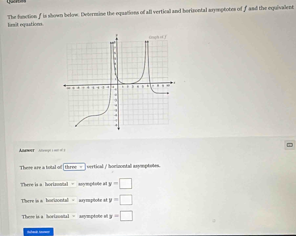 Question
The function f is shown below. Determine the equations of all vertical and horizontal asymptotes of f and the equivalent
limit equations.
Answer Attempt 1 out of 2
There are a total of three 、 vertical / horizontal asymptotes.
There is a horizontal asymptote at y=□
There is a horizontal asymptote at y=□
There is a horizontal asymptote at y=□
Suhmát Answer