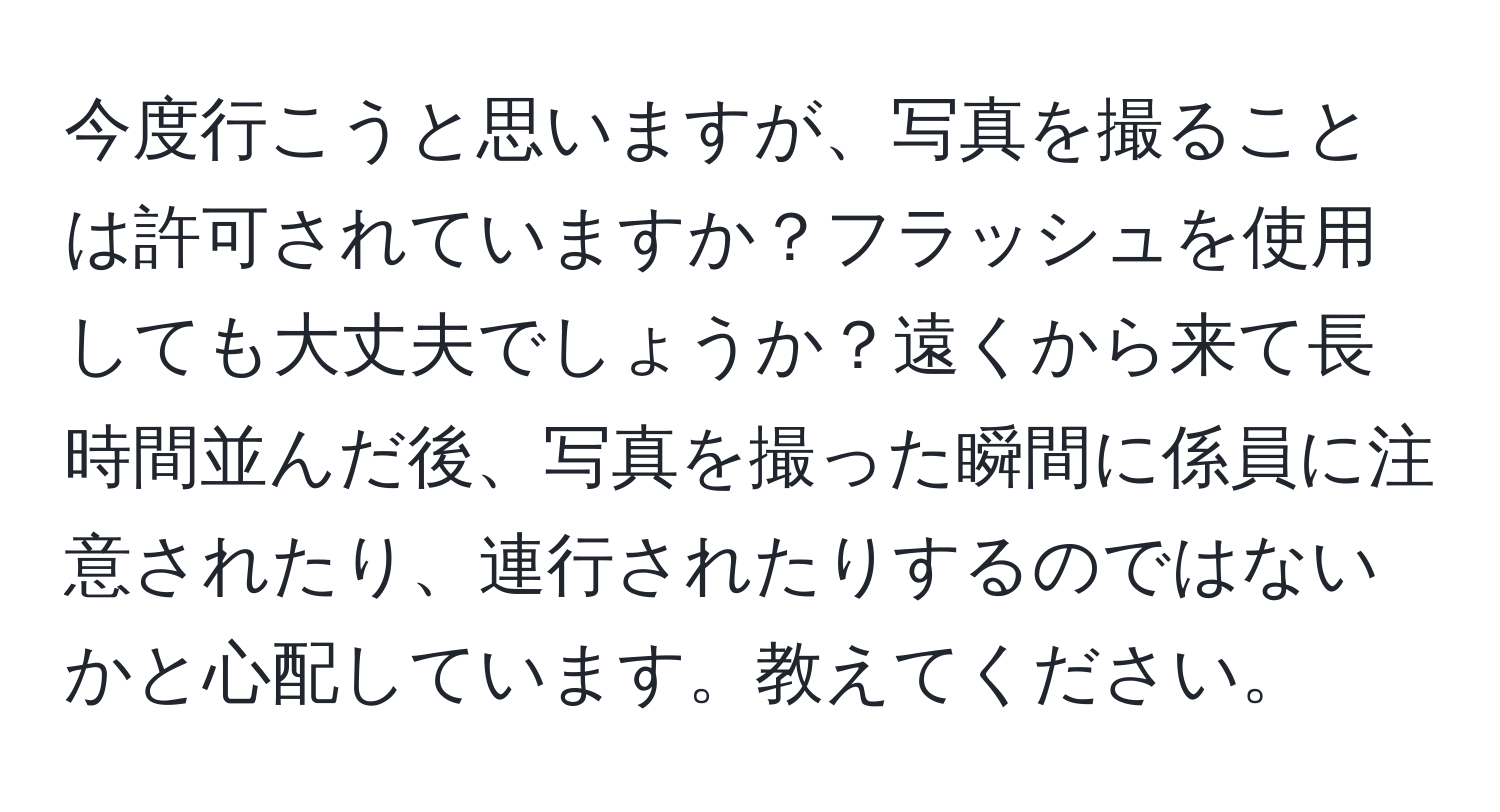 今度行こうと思いますが、写真を撮ることは許可されていますか？フラッシュを使用しても大丈夫でしょうか？遠くから来て長時間並んだ後、写真を撮った瞬間に係員に注意されたり、連行されたりするのではないかと心配しています。教えてください。