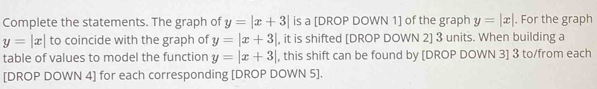 Complete the statements. The graph of y=|x+3| is a [DROP DOWN 1] of the graph y=|x|. For the graph
y=|x| to coincide with the graph of y=|x+3| , it is shifted [DROP DOWN 2] 3 units. When building a 
table of values to model the function y=|x+3| , this shift can be found by [DROP DOWN 3] 3 to/from each 
[DROP DOWN 4] for each corresponding [DROP DOWN 5].