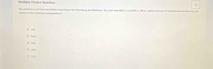 Multipie Choice Question
You perform a cell free translation experiment like Nirenberg and Matthaei. You start with 60% C and 40% A. What relative amount of radiolabeled proline do you
expect in the translated polypeptides?
14%
50%
36%
28%
22%