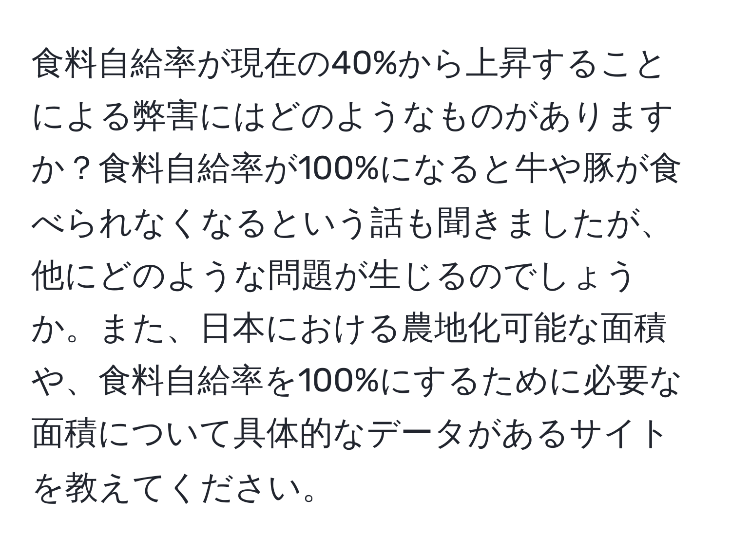 食料自給率が現在の40%から上昇することによる弊害にはどのようなものがありますか？食料自給率が100%になると牛や豚が食べられなくなるという話も聞きましたが、他にどのような問題が生じるのでしょうか。また、日本における農地化可能な面積や、食料自給率を100%にするために必要な面積について具体的なデータがあるサイトを教えてください。