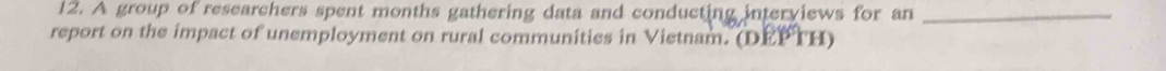 A group of researchers spent months gathering data and conducting interviews for an_ 
report on the impact of unemployment on rural communities in Vietnam. (DEPTH)