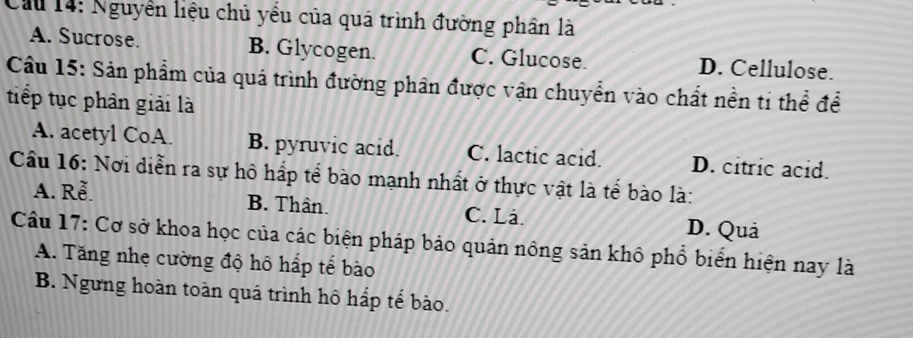 Cầu 14: Nguyễn liệu chủ yều của quá trình đường phần là
A. Sucrose. B. Glycogen. C. Glucose. D. Cellulose.
Câu 15: Sản phẩm của quá trình đường phân được vận chuyển vào chất nền ti thể để
tiếp tục phân giải là
A. acetyl CoA. B. pyruvic acid. C. lactic acid. D. citric acid.
Câu 16: Nơi diễn ra sự hô hấp tể bào mạnh nhất ở thực vật là tế bào là:
A. Rễ. B. Thân. D. Quả
C. Là.
Câu 17: Cơ sở khoa học của các biện pháp bảo quản nông sản khô phổ biển hiện nay là
A. Tăng nhẹ cường độ hô hấp tế bào
B. Ngưng hoàn toàn quá trình hô hắp tể bào.