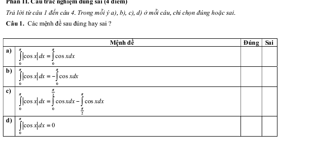 Phan II. Cầu trác nghiệm dung sai (4 điệm)
Trả lời từ câu 1 đến câu 4. Trong mỗi ý a), b), c), d) ở mỗi câu, chi chọn đủng hoặc sai.
Câu 1. Các mệnh đề sau đúng hay sai ?