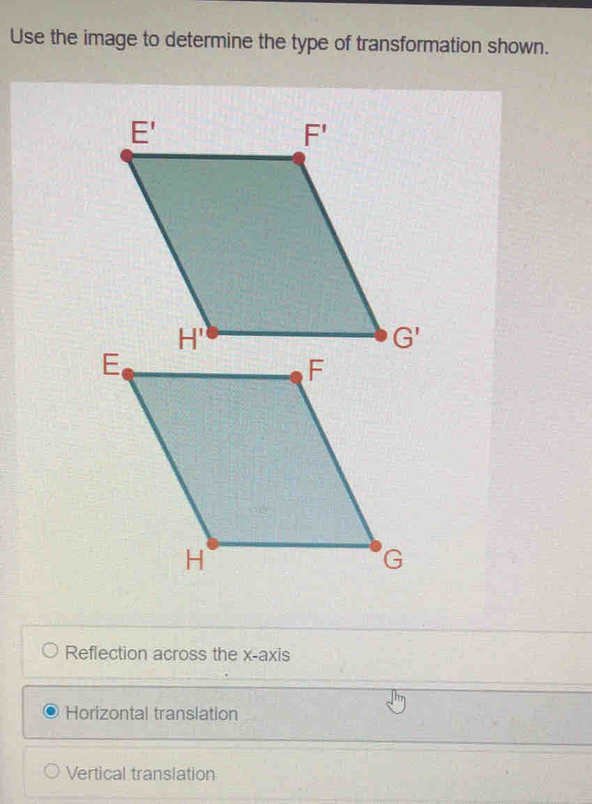 Use the image to determine the type of transformation shown.
Reflection across the x-axis
Horizontal translation
Vertical translation