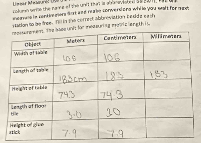 Linear Measure U e 
column write the name of the unit that is abbreviated below it. you will 
measure in centimeters first and make conversions while you walt for next 
station to be free. Fill in the correct abbreviation beside each 
unit for measuring metric length is.