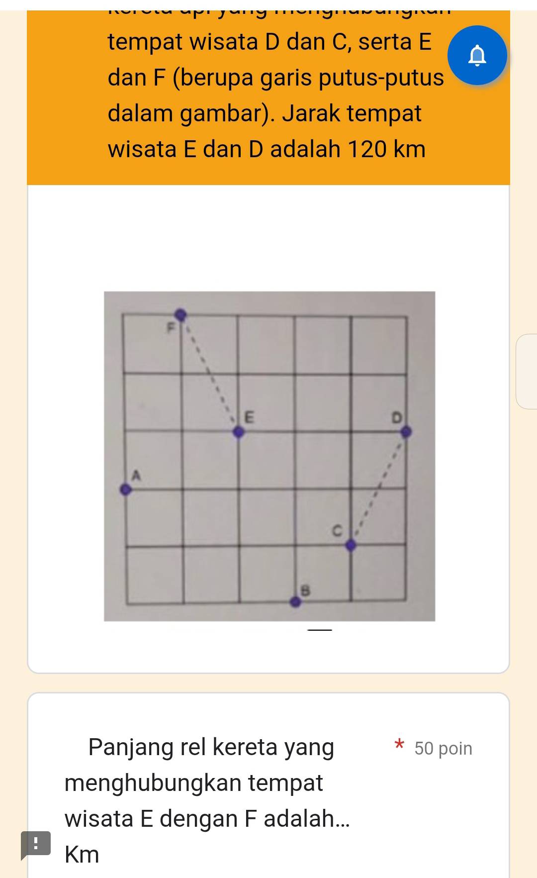 tempat wisata D dan C, serta E
dan F (berupa garis putus-putus 
dalam gambar). Jarak tempat 
wisata E dan D adalah 120 km
Panjang rel kereta yang 50 poin 
menghubungkan tempat 
wisata E dengan F adalah... 
! Km