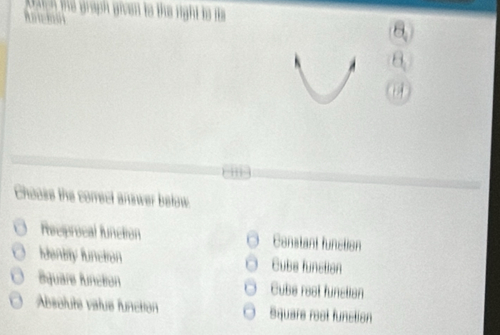 Choose the correct answer below.
Reciprocal function Canstant function
Identry funciron Cube function
Square function Cube rest function
Absolute valué function Square rest function