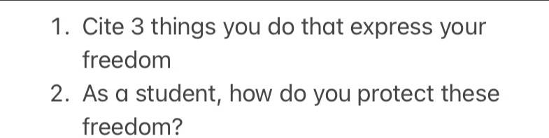 Cite 3 things you do that express your 
freedom 
2. As a student, how do you protect these 
freedom?