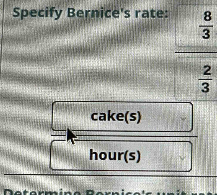 Specify Bernice's rate:
 8/3 
 2/3 
cake(s) 
hour(s)