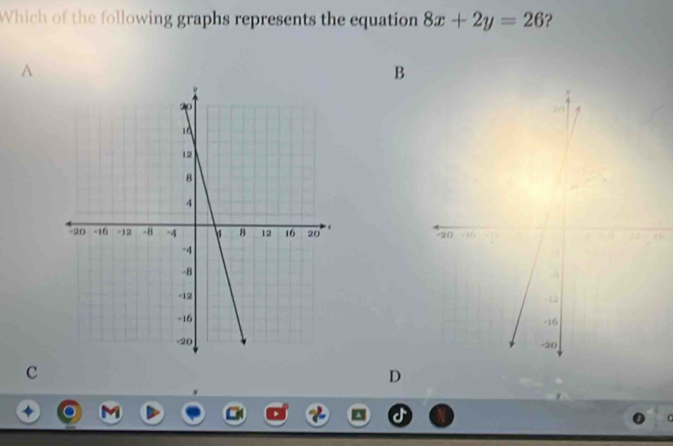 Which of the following graphs represents the equation 8x+2y=26 ?
A
B

c
D