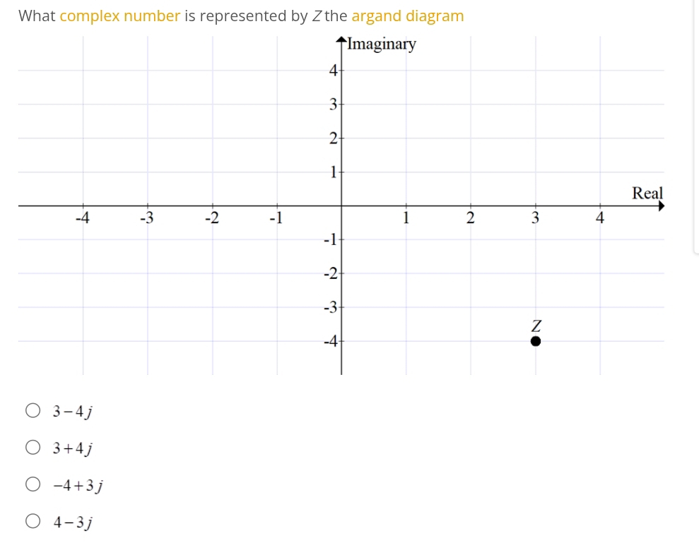 What complex number is represented by Zthe argand diagram
3-4j
3+4j
-4+3j
4-3j