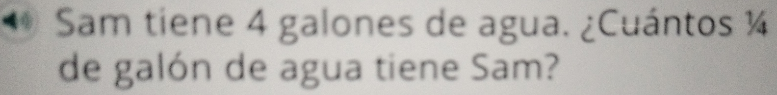 Sam tiene 4 galones de agua. ¿Cuántos ¼
de galón de agua tiene Sam?