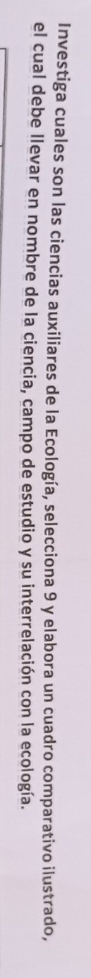 Investiga cuales son las ciencias auxiliares de la Ecología, selecciona 9 y elabora un cuadro comparativo ilustrado, 
el cual debe llevar en nombre de la ciencia, campo de estudio y su interrelación con la ecología.