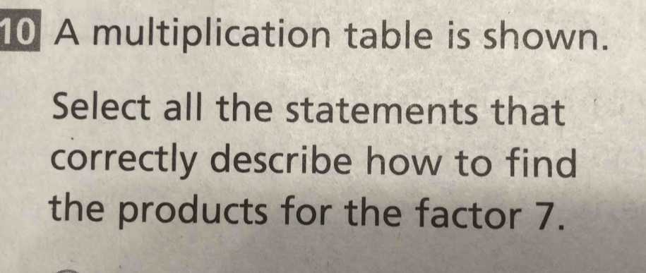 A multiplication table is shown. 
Select all the statements that 
correctly describe how to find 
the products for the factor 7.