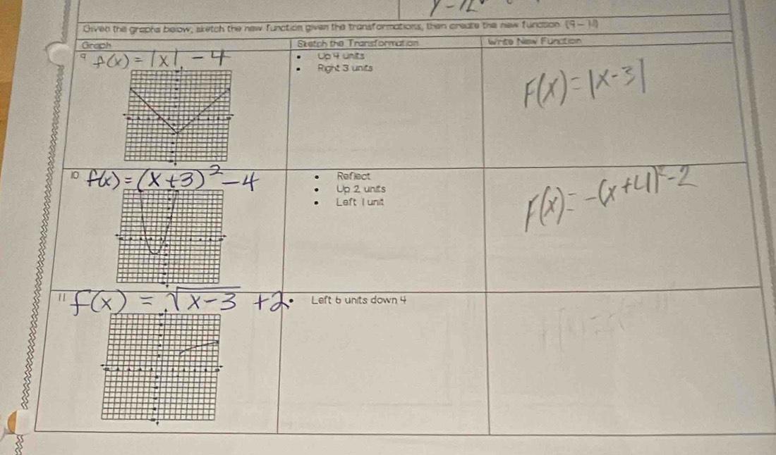 Given the graphs below; sketch the new function given the transformations, then create the new funcsion (9-18)
Graph Sketch the Tranisformation Write New Fünction 
q 
Right 3 units
10 Reflect 
Up 2 units 
Left I unit 
" 
. Left 6 units down 4