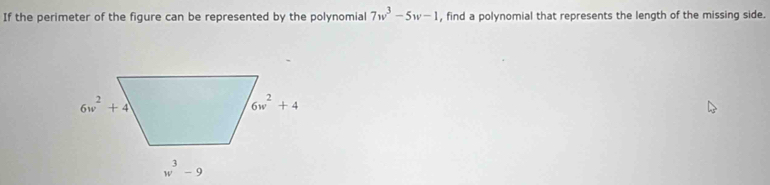 If the perimeter of the figure can be represented by the polynomial 7w^3-5w-1 , find a polynomial that represents the length of the missing side.