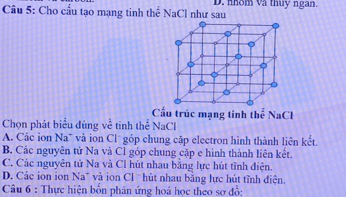 nhom va thuy ngan.
Câu 5: Cho cầu tạo mạng tinh thể NaCl như sau
Cầu trúc mạng tinh thể NaCl
Chọn phát biểu đúng về tinh thể NaCl
A. Các ion Na^+ và ion Cl góp chung cặp electron hình thành liên kết.
B. Các nguyên tử Na và Cl góp chung cặp e hình thành liên kết.
C. Các nguyên tử Na và Cl hút nhau bằng lực hút tĩnh điện.
D. Các ion ion D Na^+ và ion Cl ˉ hút nhau bằng lực hút tĩnh điện.
Câu 6 : Thực hiện bốn phản ứng hoá học theo sơ đồ: