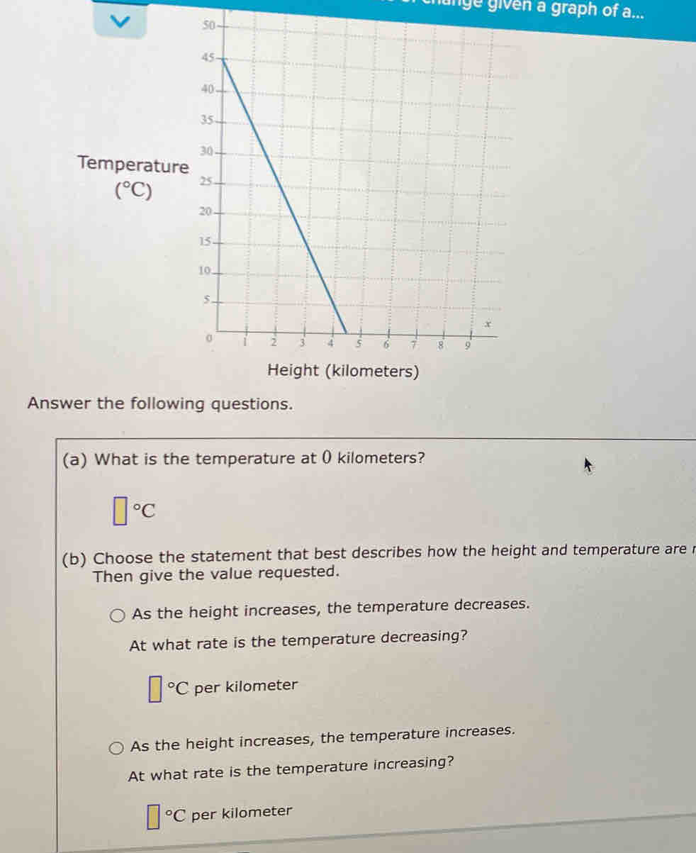 unge given a graph of a...
Answer the following questions.
(a) What is the temperature at ( kilometers?
□°C
(b) Choose the statement that best describes how the height and temperature are r
Then give the value requested.
As the height increases, the temperature decreases.
At what rate is the temperature decreasing?
□°C per kilometer
As the height increases, the temperature increases.
At what rate is the temperature increasing?
□°C per kilometer