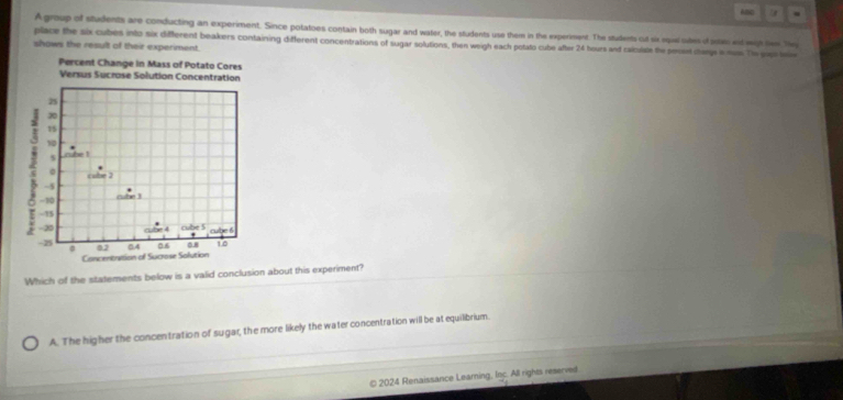 A group of students are conducting an experiment. Since potatoes contain both sugar and water, the students use them in the experiment. The stulents cif six squw sibes d inte ent wh tww The
place the six cubes into six different beakers containing different concentrations of sugar solutions, then weigh each potato cube after 24 hours and calculate the percent cherge i nos. The gops lve
shows the result of their experiment.
Which of the statements below is a valid conclusion about this experiment?
A. The higher the concentration of sugar, the more likely the water concentration will be at equilbrium.
© 2024 Renaissance Learning, loc. All rights reserved