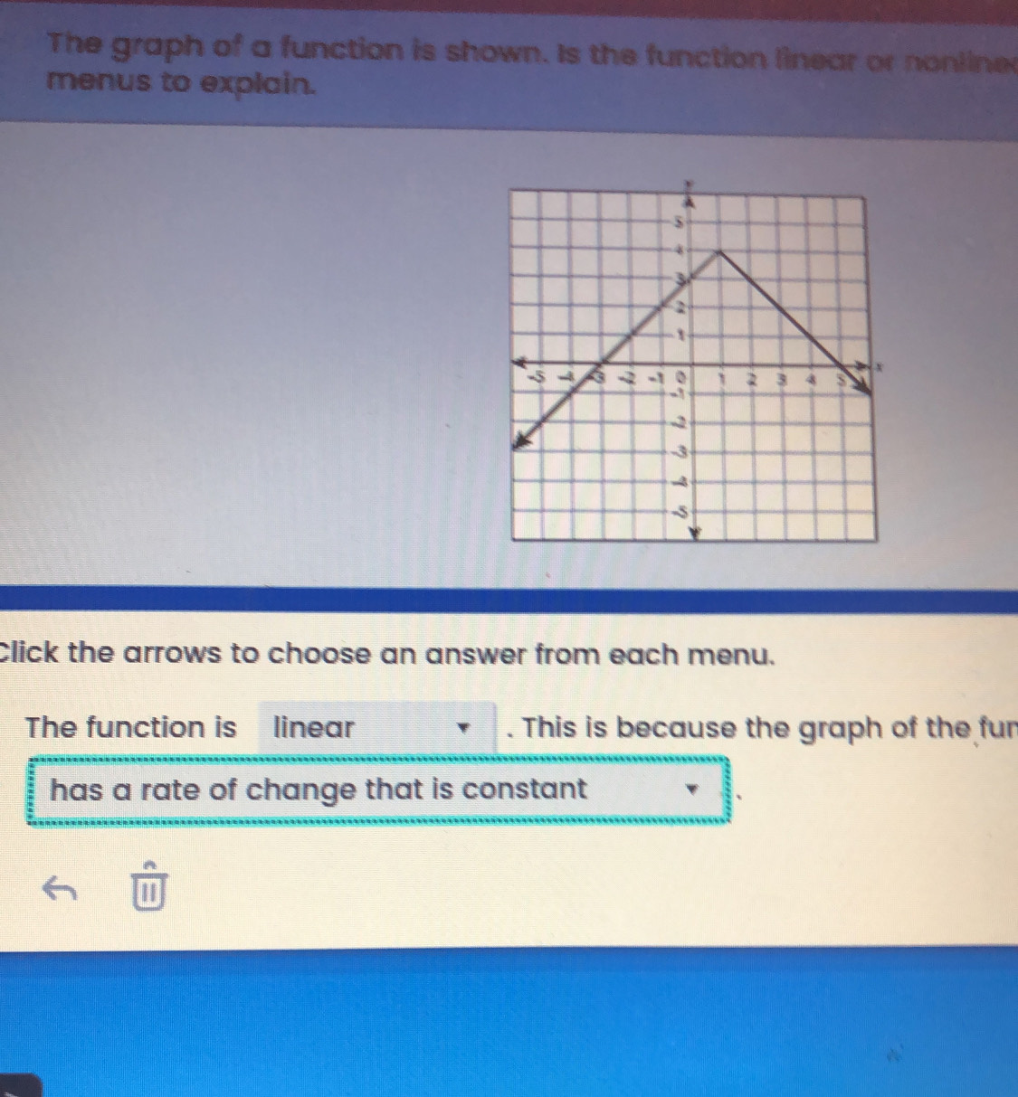 The graph of a function is shown. Is the function linear or nonline 
menus to explain. 
Click the arrows to choose an answer from each menu. 
The function is linear . This is because the graph of the fur 
has a rate of change that is constant