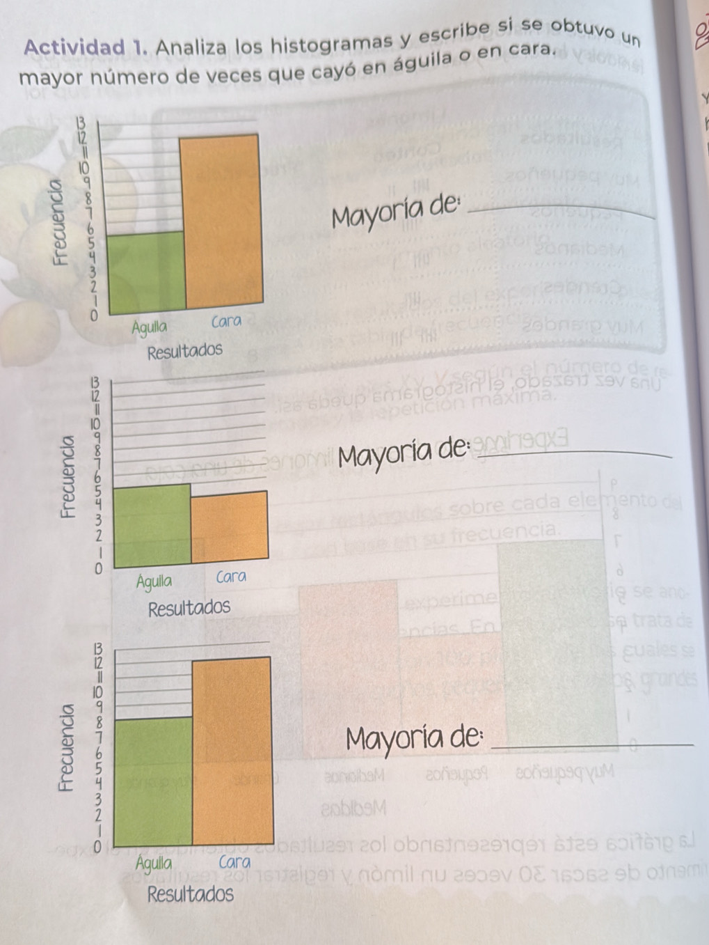 Actividad 1. Analiza los histogramas y escribe si se obtuvo un 
mayor número de veces que cayó en águila o en cara. a 
Mayoría de:_ 
Mayoría de: 
Mayoría de:_ 
audsgyum 
ét29 εɔit6p s 
e