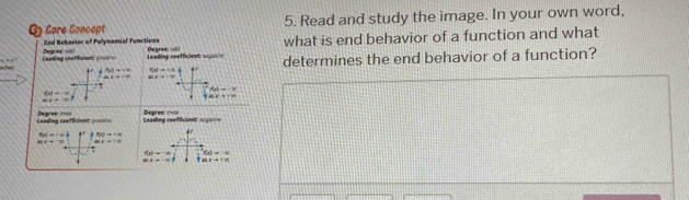 Gore Concept 5. Read and study the image. In your own word, 
Degnee: rld End Behavior of Polynomial functions De grea: old what is end behavior of a function and what 
t For C eading coofficient pou 
conding confficient ac determines the end behavior of a function?
df(x)= 4):4
xto 1=
f(x)=-x
f(x)=_ 
=x|x|=|
tan x+tan
Leading ceefficient: pousic Degree: cros Depree: c== 
Leading coefficient orga
N(x)to |x| 8^2+mθ +=alpha
4=
4+2x^2 f(x)=-x f(x)=-8
HBto -=f 1.89* 47=