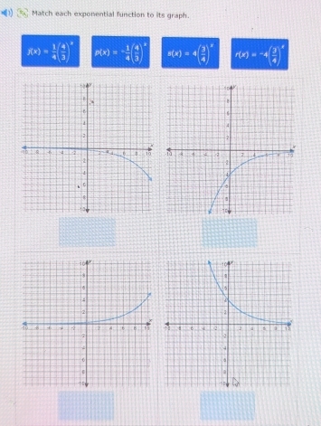 Match each exponential function to its graph.
f(x)= 1/4 ( 4/3 )^2 p(x)=- 1/4 ( 4/3 )^2 g(x)=4beginpmatrix  3/4 end(pmatrix)^x r(x)=-4( 3/4 )^4