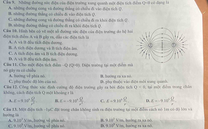 Những đường sức điện của điện trường xung quanh một điện tích điểm Q<0</tex> có dạng là
A. những đường cong và đường thẳng có chiều di vào điện tích Q.
B. những đường thẳng có chiều đi vào điện tích Q.
C. những đường cong và đường thẳng có chiều đi ra khỏi điện tích Q.
D. những đường thắng có chiều đi ra khỏi điện tích Q.
Câu 10. Hình bên có vẽ một số đường sức điện của điện trường do hệ ha
điện tích điểm A và B gây ra, dấu các điện tích là
A. A và B đều tích điện dương.
B. A tích điện dương và B tích điện âm.
C. A tích điện âm và B tích điện dương.
D. A và B đều tích điện âm.
Câu 11. Cho một điện tích điểm -Q(Q>0). Điện trường tại một điểm mà
nó gây ra có chiều
A. hướng vhat e phía nó. B. hướng ra xa nó.
C. phụ thuộc độ lớn của nó. D. phụ thuộc vào điện môi xung quanh.
Câu 12. Công thức xác định cường độ điện trường gây ra bởi điện tích Q<0</tex> , tại một diểm trong chân
không, cách điện tích Q một khoảng r là
A. E=9.10^9 Q/r^2 . B. E=-9.10^9 Q/r^2 . C. E=9.10^9 Q/r . D. E=-9.10^9 Q/r .
Câu 13. Một điện tích -1μC đặt trong chân không sinh ra điện trường tại một điểm cách nó 1m có độ lớn và
hướng là
A. 9.10^3V/m , hướng về phía nó. B. 9.10^3V/m , hướng ra xa nó.
C. 9.10^9V/m , hướng về phía nó. D. 9.10^9V/m , hướng ra xa nó.