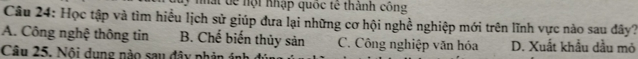 mất dể hội nhập quốc tế thành công
Câu 24: Học tập và tìm hiểu lịch sử giúp đưa lại những cơ hội nghề nghiệp mới trên lĩnh vực nào sau đây?
A. Công nghệ thông tin B. Chế biến thủy sản C. Công nghiệp văn hóa D. Xuất khẩu dầu mỏ
Câu 25. Nội dung nào sau đây ph ản