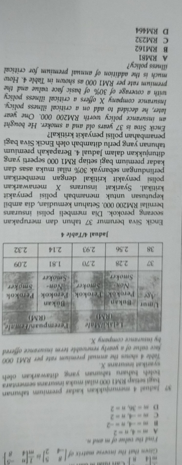 m[4B] 
Given that the inverse matrix of beginbmatrix 8&5 -4&2endbmatrix in  1/m beginbmatrix n&-5 4&8endbmatrix. 
Find the value of m and n.
A m=4, n=2
n m=-4, n=-2
C m=-4, n=2
D m=36, n=2
37 Jadual 4 menunjukkan kadar premium tahunan
bagi setiap RM1 000 nilai muka insurans sementara
boleh baharu tahunan yang ditawarkan oleh 
syarikat insurans X.
Table 4 shows the annual premium rate per RMI 000
face value of a yearly renewable term insurance offered
by insurance company X.
e
Jadual 4/Table 4
Encik Siva berumur 37 tahun dan merupakan
seorang perokok. Dia membeli polisi insurans
bernilai RM200 000. Setahun kemudian, dia ambil
keputusan untuk menambah polisi penyakit
kritikal. Syarikat insurans X menawarkan
polisi penyakit kritikal dengan memberikan
perlindungan sebanyak 30% nilai muka asas dan
kadar premium bagi setiap RM1 000 seperti yang
ditunjukkan dalam Jadual 4. Berapakah premium
tahunan yang perlu ditambah oleh Encik Siva bagi
penambahan polisi penyakit kritikal?
Encik Siva is 37 years old and a smoker. He bought
an insurance policy worth RM200 000. One year
later, he decided to add on a critical illness policy.
Insurance company X offers a critical illness policy
with a coverage of 30% of basic face value and the
premium rate per RM1 000 as shown in Table 4. How
much is the addition of annual premium for critical
illness policy?
A RM81
B RM162
C RM232
D RM464