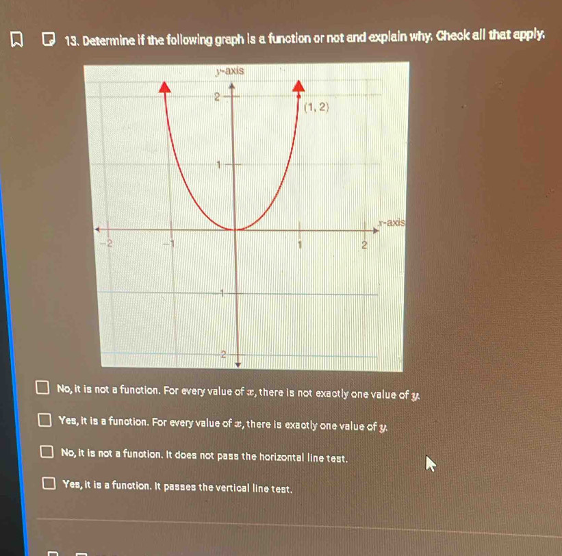 Determine if the following graph is a function or not and explain why. Check all that apply.
No, it is not a function. For every value of x, there is not exactly one value of y.
Yes, it is a function. For every value of æ, there is exactly one value of y.
No, it is not a function. It does not pass the horizontal line test.
Yes, it is a function. It passes the vertical line test.