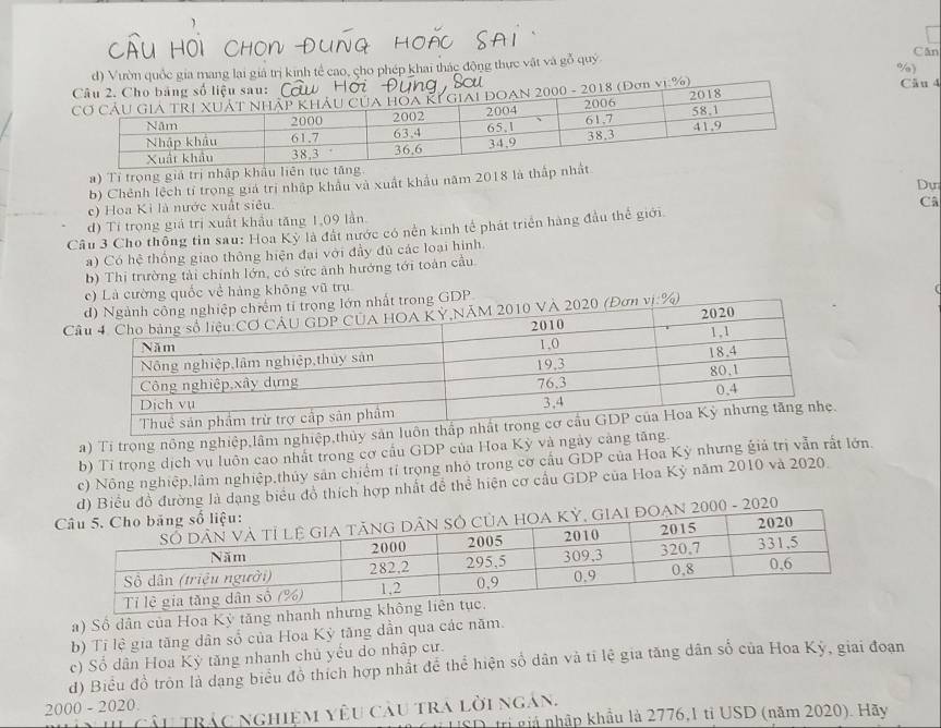 Vườn quốc gia mang lai giá trị kinh tế cao, cho phép khai thác động thực vật và gỗ quý
Căn
%
Câu 4
%)
a) Tỉ trọng giả trị nhập 
b) Chênh lệch tỉ trong giá trị nhập khẩu và xuất khẩu năm 2018 là
Dự
c) Hoa Kỉ là nước xuất siêu.
d) Tí trọng giả trị xuất khẩu tăng 1,09 lần.
Câu 3 Cho thông tìn sau: Hoa Kỳ là đất nước có nền kinh tế phát triển hàng đầu thể giới. Câ
a) Có hệ thống giao thông hiện đại với đầy đủ các loại hình.
b) Thị trường tài chính lớn, có sức ảnh hướng tới toàn cầu.
e) Là cường quốc về hàng khōng vũ trụ
nhất trong GDP
C(Đơn vị.%)
a) Ti trọng nông nghiệp,lầm ng
b) Tỉ trọng dịch vụ luôn cao nhất trong cơ cầu GDP của Hoa Kỳ và ngày 
c) Nông nghiệp,lâm nghiệp,thủy sản chiếm tỉ trọng nhỏ trong cơ cầu GDP của Hoa Kỳ nhưng giá trị vẫn rất lớn.
d) Biểu đồ đường là dạng biểu đồ thích hợp nhất để thể hiện cơ cầu GDP của Hoa Kỳ năm 2010 và 2020.
00 - 2020
a) Số dân của Hoa Kỳ tăng nhanh nh
b) Tỉ lệ gia tăng dân số của Hoa Kỳ tăng dẫn qua các năm.
c) Số dân Hoa Kỳ tăng nhanh chủ yểu do nhập cư.
d) Biểu đồ tròn là dạng biểu đô thích hợp nhất để thể hiện số dân và tỉ lệ gia tăng dân số của Hoa Kỳ, giai đoạn
2000 - 2020.
g u trác nghiệm yêu câu trá lời ngán.
SD trị giá nhập khẩu là 2776,1 tỉ USD (năm 2020). Hãy