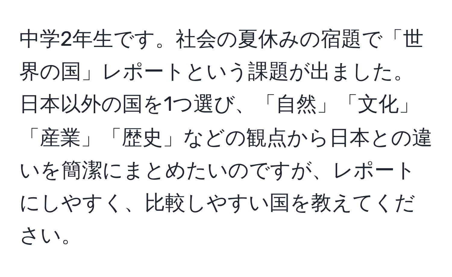 中学2年生です。社会の夏休みの宿題で「世界の国」レポートという課題が出ました。日本以外の国を1つ選び、「自然」「文化」「産業」「歴史」などの観点から日本との違いを簡潔にまとめたいのですが、レポートにしやすく、比較しやすい国を教えてください。