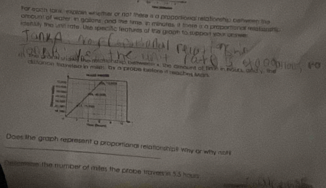 For each tank, explain whether or not there is a proportional relationship between the 
omount of water, in gailons, and the time, in minutes. It there is a proportional relatistnshic 
_ 
idefkily the unit rate. Use specific features of the graph to support your onswe 
The grock waw the mationship between s the amount of fim e in nouts and y the 
distance traveted in miles, by a probe before it reaches Mars 
_Does the graph represent a proportional relationshipl! Why or why not 
Detemine the number of miles the probe travess in 5.5 hous