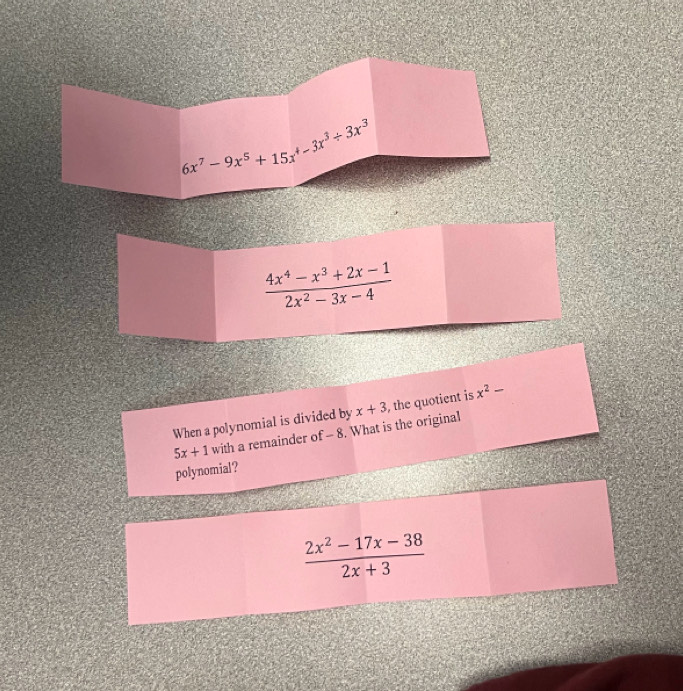  (4x^4-x^3+2x-1)/2x^2-3x-4 
When a polynomial is divided by x+3 , the quotient is x^2-
5x+1 with a remainder of - 8. What is the original
polynomial?
 (2x^2-17x-38)/2x+3 