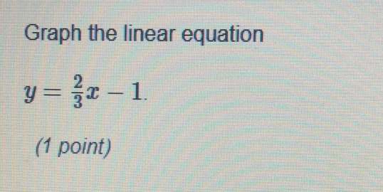 Graph the linear equation
y= 2/3 x-1. 
(1 point)