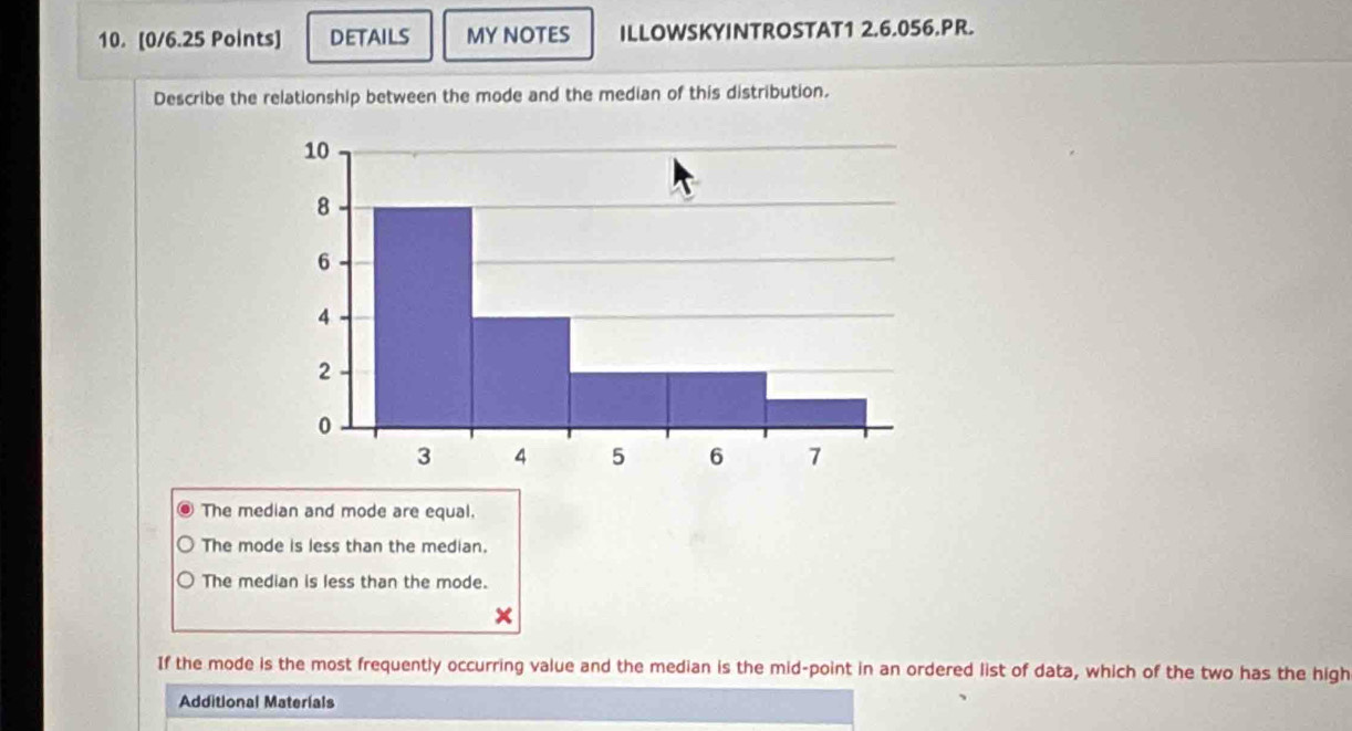DETAILS MY NOTES ILLOWSKYINTROSTAT1 2.6.056.PR.
Describe the relationship between the mode and the median of this distribution.
The median and mode are equal.
The mode is less than the median.
The median is less than the mode.
If the mode is the most frequently occurring value and the median is the mid-point in an ordered list of data, which of the two has the high
Additional Materials
