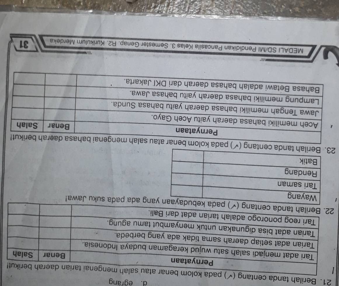 egrang 
21. Berilah tanda cent 
yang ada pada suku Jawa! 
2t 
MEDALI SD/MI Pendidikan Pancasila Kelas 3. Semester Genap. R2. Kurikulum Merdeka 31