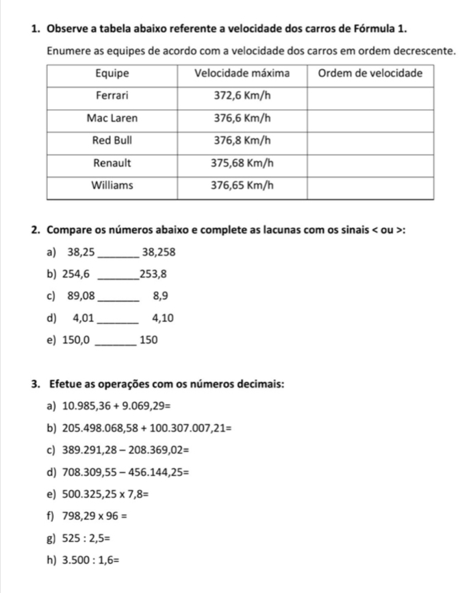 Observe a tabela abaixo referente a velocidade dos carros de Fórmula 1. 
Enumere as equipes de acordo com a velocidade dos carros em ordem decrescente. 
2. Compare os números abaixo e complete as lacunas com os sinais < ou >: 
a) 38,25 _ 38,258
b) 254,6 _ 253,8
c) 89,08 _ 8, 9
d) 4,01 _ 4, 10
e) 150,0 _ 150
3. Efetue as operações com os números decimais: 
a) 10.985,36+9.069,29=
b) 205.498.068,58+100.307.007,21=
c) 389.291,28-208.369,02=
d) 708.309,55-456.144,25=
e) 500.325,25* 7,8=
f) 798,29* 96=
g) 525:2,5=
h) 3.500:1,6=