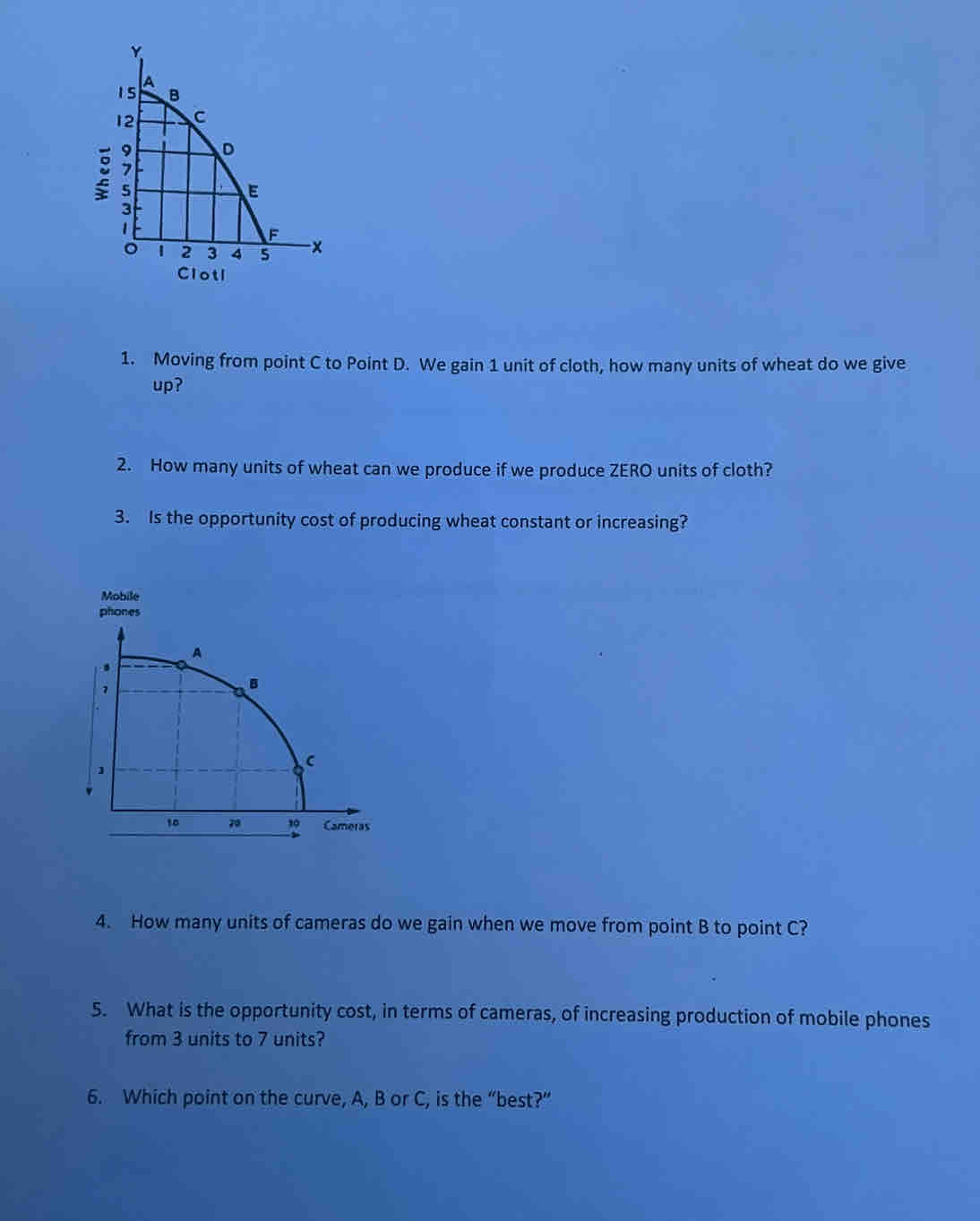 Moving from point C to Point D. We gain 1 unit of cloth, how many units of wheat do we give 
up? 
2. How many units of wheat can we produce if we produce ZERO units of cloth? 
3. Is the opportunity cost of producing wheat constant or increasing? 
4. How many units of cameras do we gain when we move from point B to point C? 
5. What is the opportunity cost, in terms of cameras, of increasing production of mobile phones 
from 3 units to 7 units? 
6. Which point on the curve, A, B or C, is the “best?”