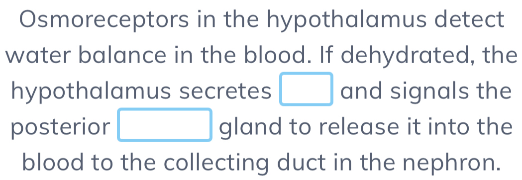 Osmoreceptors in the hypothalamus detect 
water balance in the blood. If dehydrated, the 
hypothalamus secretes □ and signals the 
posterior □ gland to release it into the 
blood to the collecting duct in the nephron.