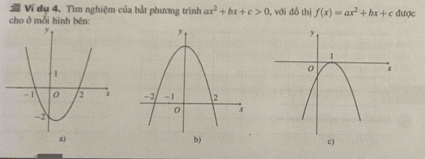 = Ví dụ 4. Tìm nghiệm của bắt phương trình ax^2+bx+c>0 0, với đồ thị f(x)=ax^2+bx+c được
cho ở mỗi hình bên:

a)
c)