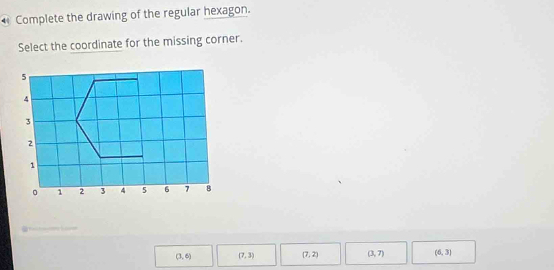 Complete the drawing of the regular hexagon.
Select the coordinate for the missing corner.
(3,6) (7,3) (7,2) (3,7) (6,3)