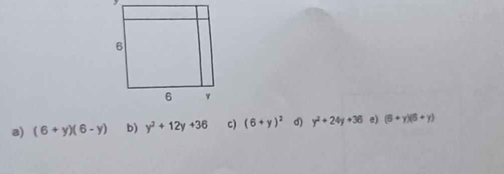 a) (6+y)(6-y) b) y^2+12y+36 c) (6+y)^2 d) y^2+24y+36 e) (6+y)(6+y)