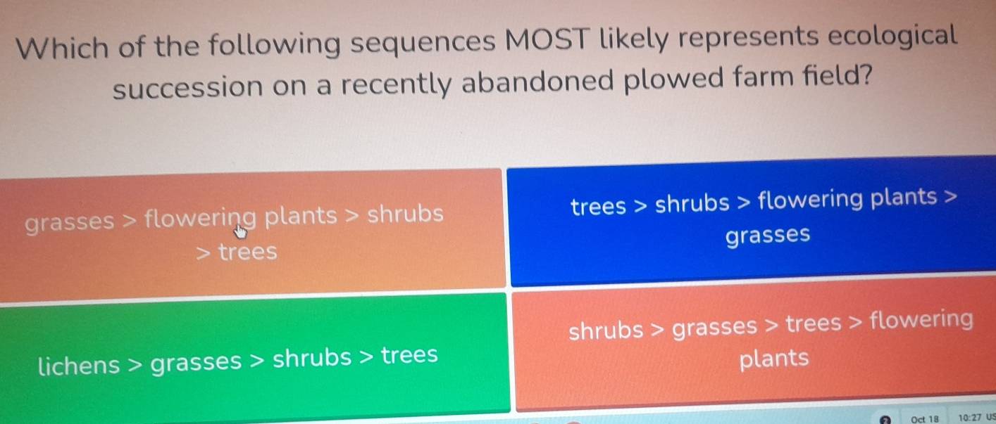 Which of the following sequences MOST likely represents ecological
succession on a recently abandoned plowed farm field?
grasses > flowering plants > shrubs trees > shrubs > flowering plants >
trees grasses
shrubs > grasses > trees > flowering
lichens > grasses > shrubs > trees plants
Oct 18 10:27 US